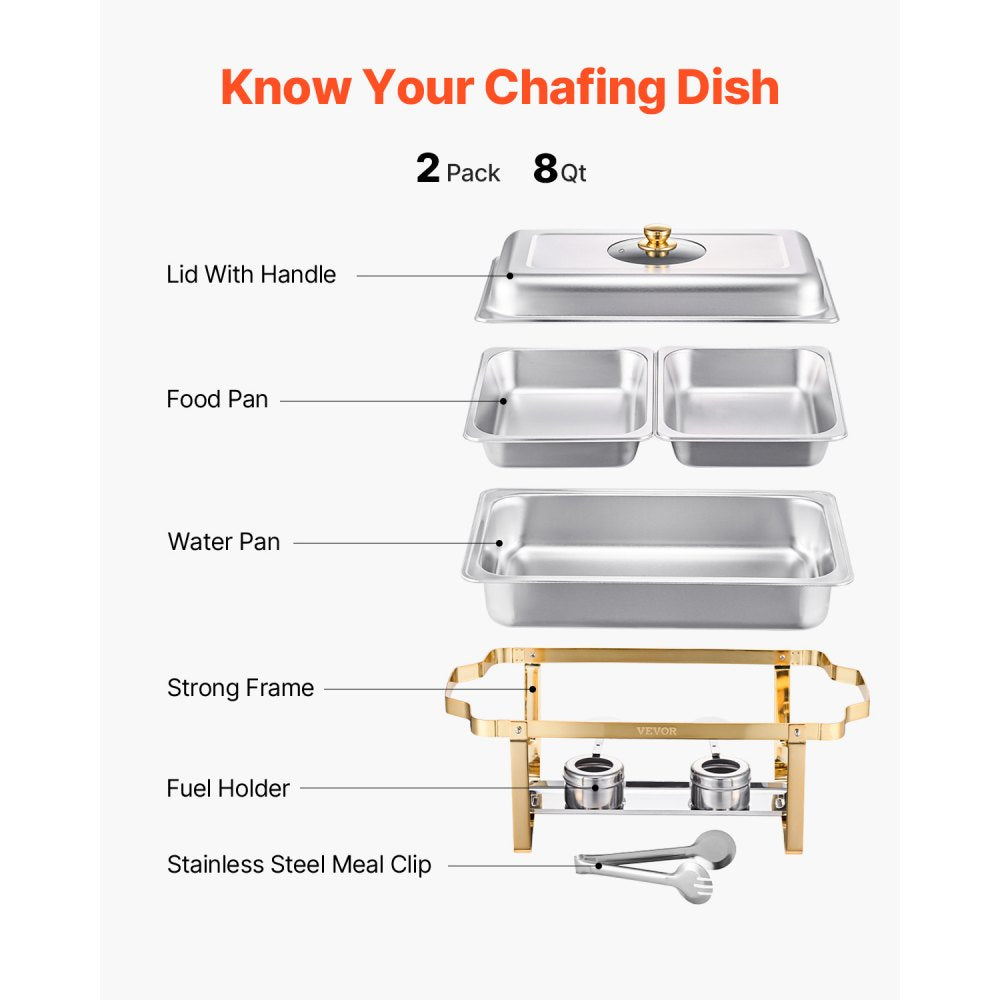 VEVOR Chafing Dish Buffet Set, 4 Qt 2 Pack, Stainless Steel Chafer with 4 Half Size Pans, Rectangle Catering Warmer Server with Glass Lid Water Pan Folding Stand Fuel Holder, for Wedding Party Banquet