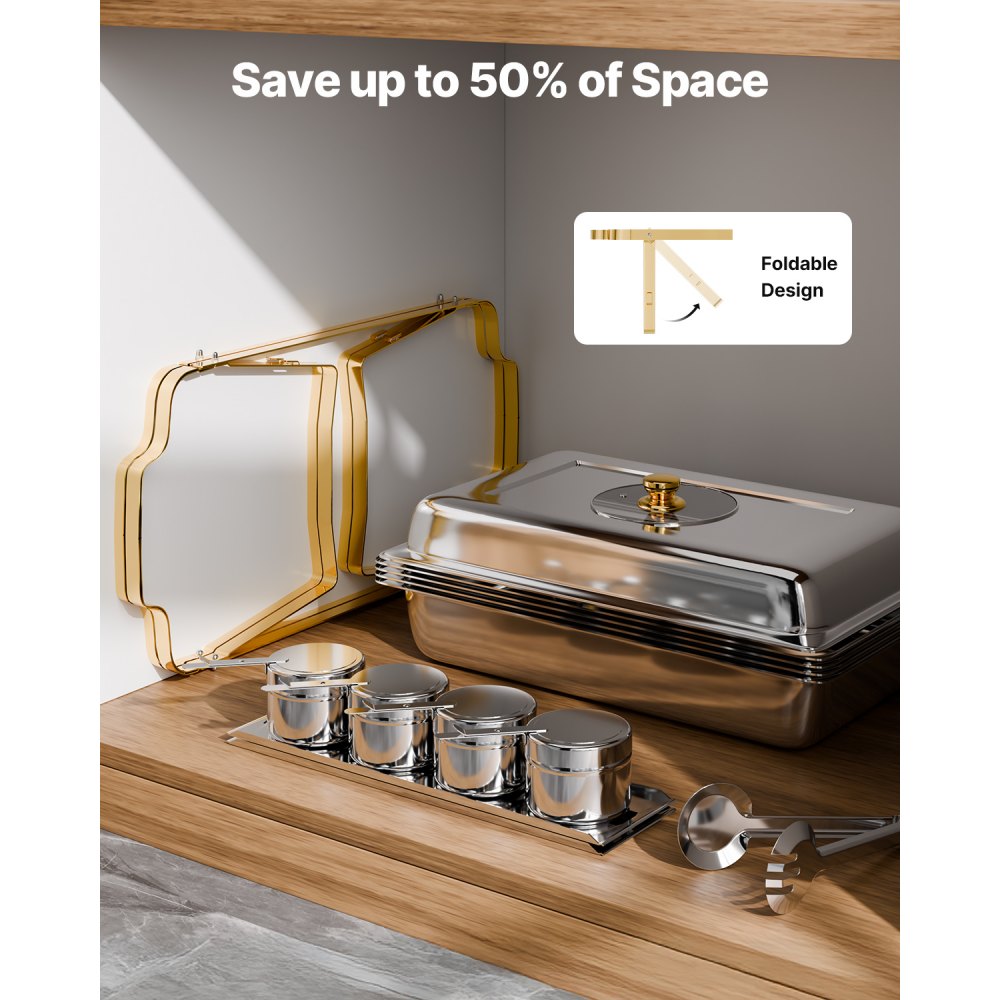 VEVOR Chafing Dish Buffet Set, 4 Qt 2 Pack, Stainless Steel Chafer with 4 Half Size Pans, Rectangle Catering Warmer Server with Glass Lid Water Pan Folding Stand Fuel Holder, for Wedding Party Banquet