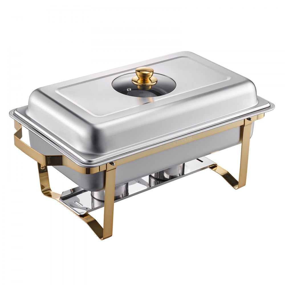 VEVOR Chafing Dish Buffet Set, 4 Qt 2 Pack, Stainless Steel Chafer with 4 Half Size Pans, Rectangle Catering Warmer Server with Glass Lid Water Pan Folding Stand Fuel Holder, for Wedding Party Banquet