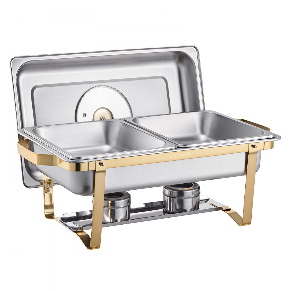 VEVOR Chafing Dish Buffet Set, 4 Qt 2 Pack, Stainless Steel Chafer with 4 Half Size Pans, Rectangle Catering Warmer Server with Glass Lid Water Pan Folding Stand Fuel Holder, for Wedding Party Banquet