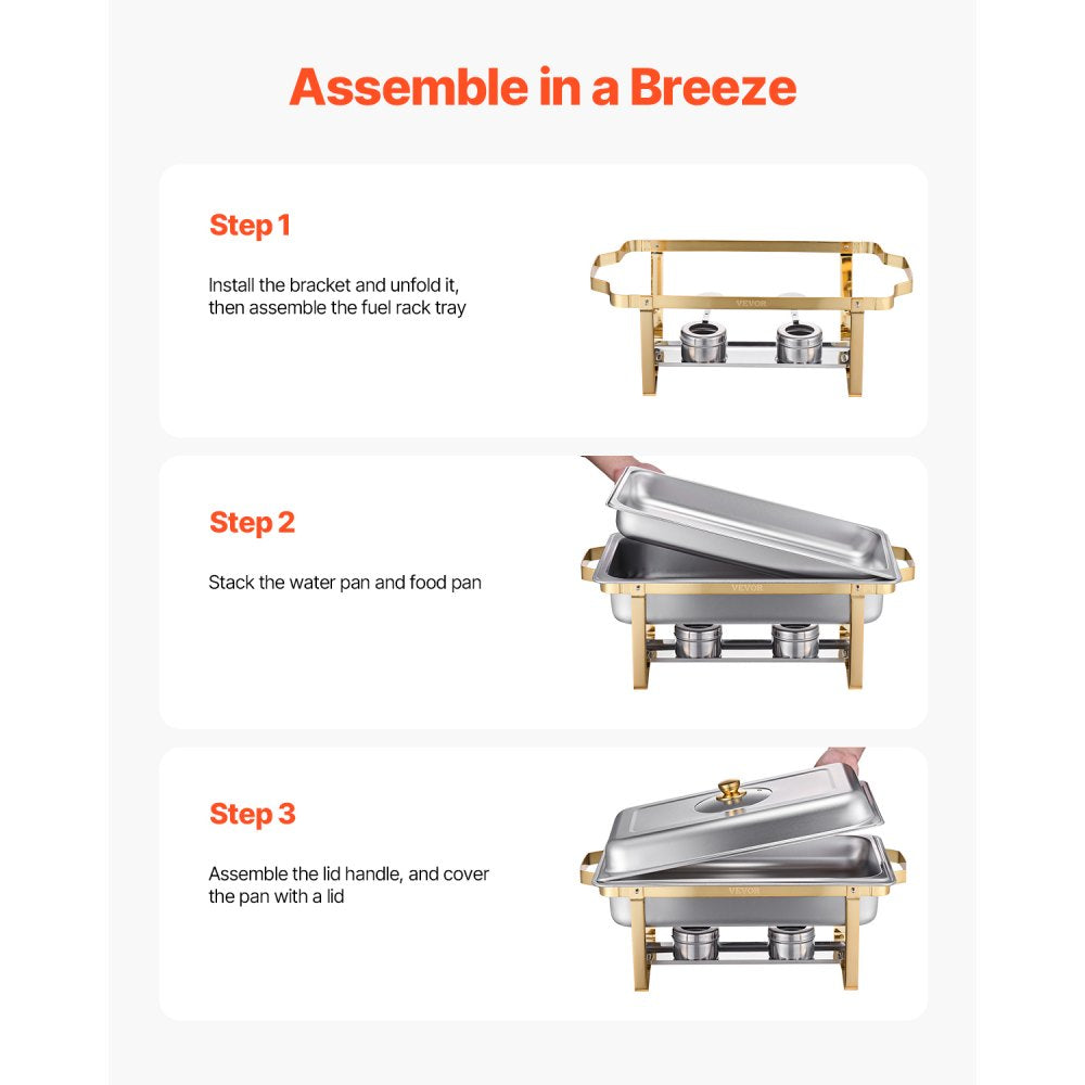 VEVOR Chafing Dish Buffet Set, 8 Qt 4 Pack, Stainless Steel Chafer with 4 Full Size Pans, Rectangle Catering Warmer Server with Glass Lid Water Pan Folding Stand Fuel Holder, for Wedding Party Banquet