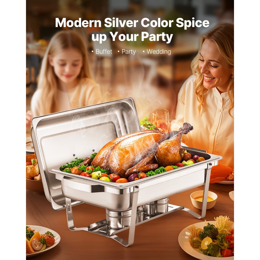VEVOR Chafing Dish Buffet Set, 8 Qt 2 Pack, Stainless Steel Chafer with 2 Full Size Pans, Rectangle Catering Warmer Server with Lid Water Pan Stand Fuel Holder, for Weddings Parties Banquets, Silver