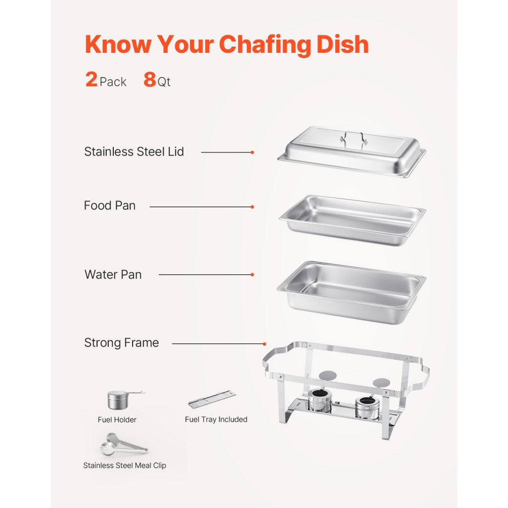 VEVOR Chafing Dish Buffet Set, 8 Qt 2 Pack, Stainless Steel Chafer with 2 Full Size Pans, Rectangle Catering Warmer Server with Lid Water Pan Stand Fuel Holder, for Weddings Parties Banquets, Silver