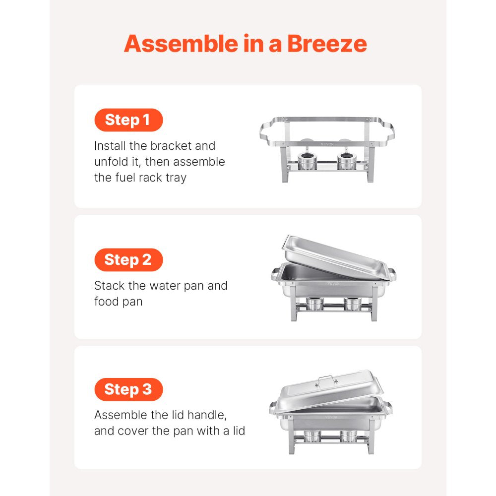 VEVOR Chafing Dish Buffet Set, 8 Qt 2 Pack, Stainless Steel Chafer with 2 Full Size Pans, Rectangle Catering Warmer Server with Lid Water Pan Stand Fuel Holder, for Weddings Parties Banquets, Silver