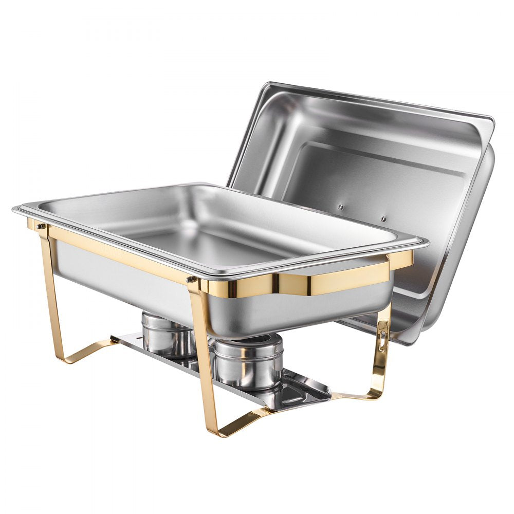 VEVOR Chafing Dish Buffet Set, 8 Qt 4 Pack, Stainless Steel Chafer with 2 Full Size and 4 Half Size Pans, Rectangle Catering Warmer Server with Lid Water Pan Stand, for Weddings Parties Banquets, Gold