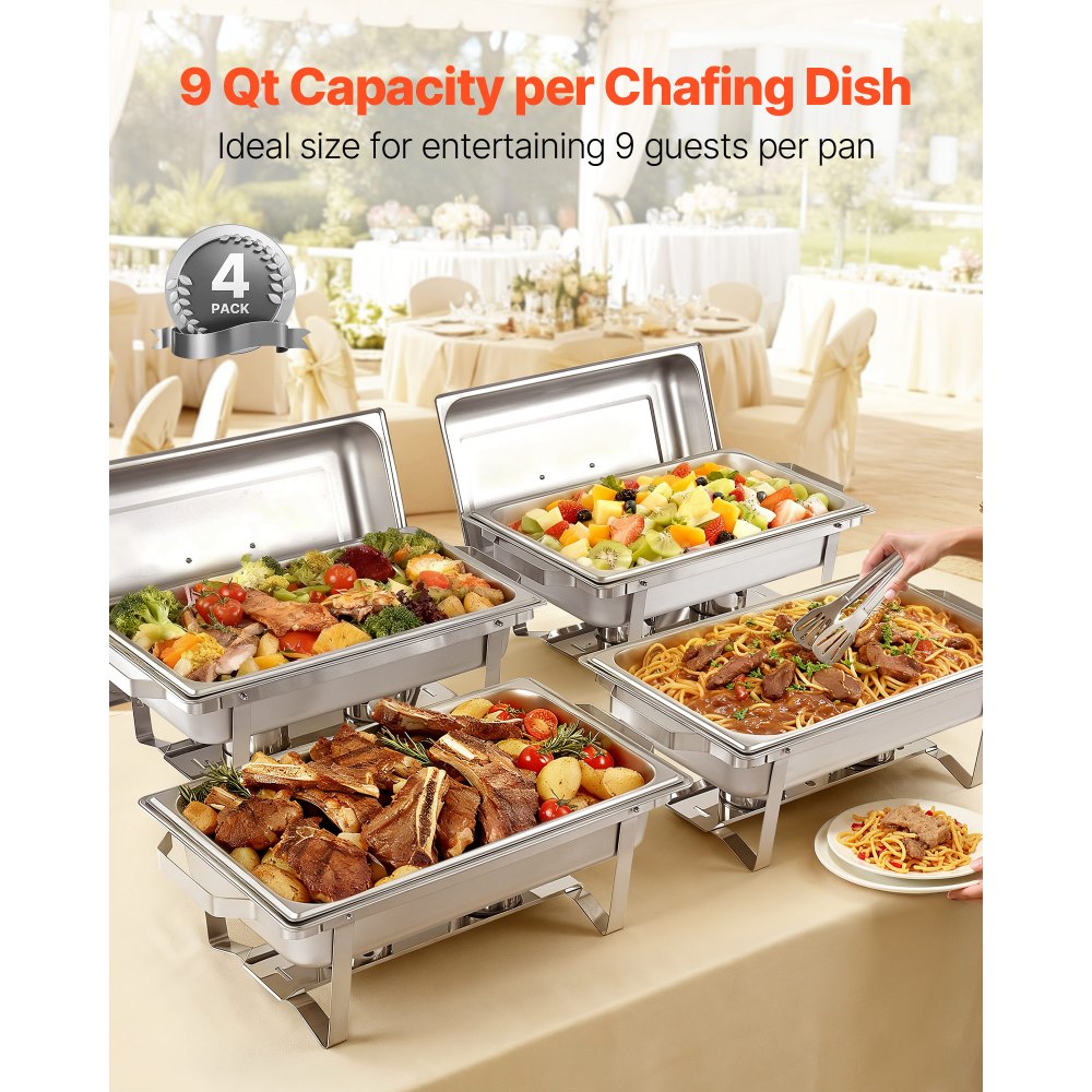 VEVOR Rectangle Chafing Dish, 9 Qt 4 Pack Stainless Steel Chafing Dish, Food Warmer Chafer Complete Set with Hollow Handle, 2 Food Tongs, Lid, Fuel Holder, Chafer Dishes for Banquet Party Wedding