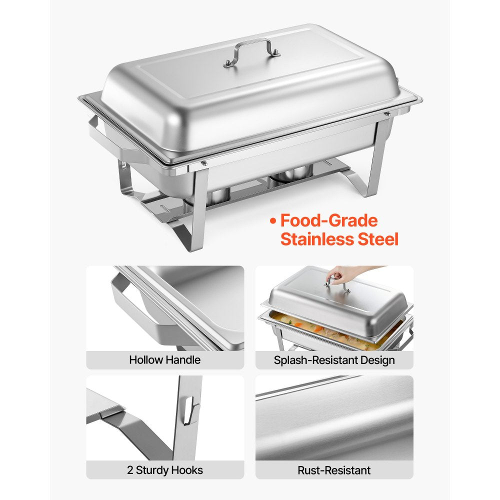 VEVOR Rectangle Chafing Dish, 9 Qt 4 Pack Stainless Steel Chafing Dish, Food Warmer Chafer Complete Set with Hollow Handle, 2 Food Tongs, Lid, Fuel Holder, Chafer Dishes for Banquet Party Wedding