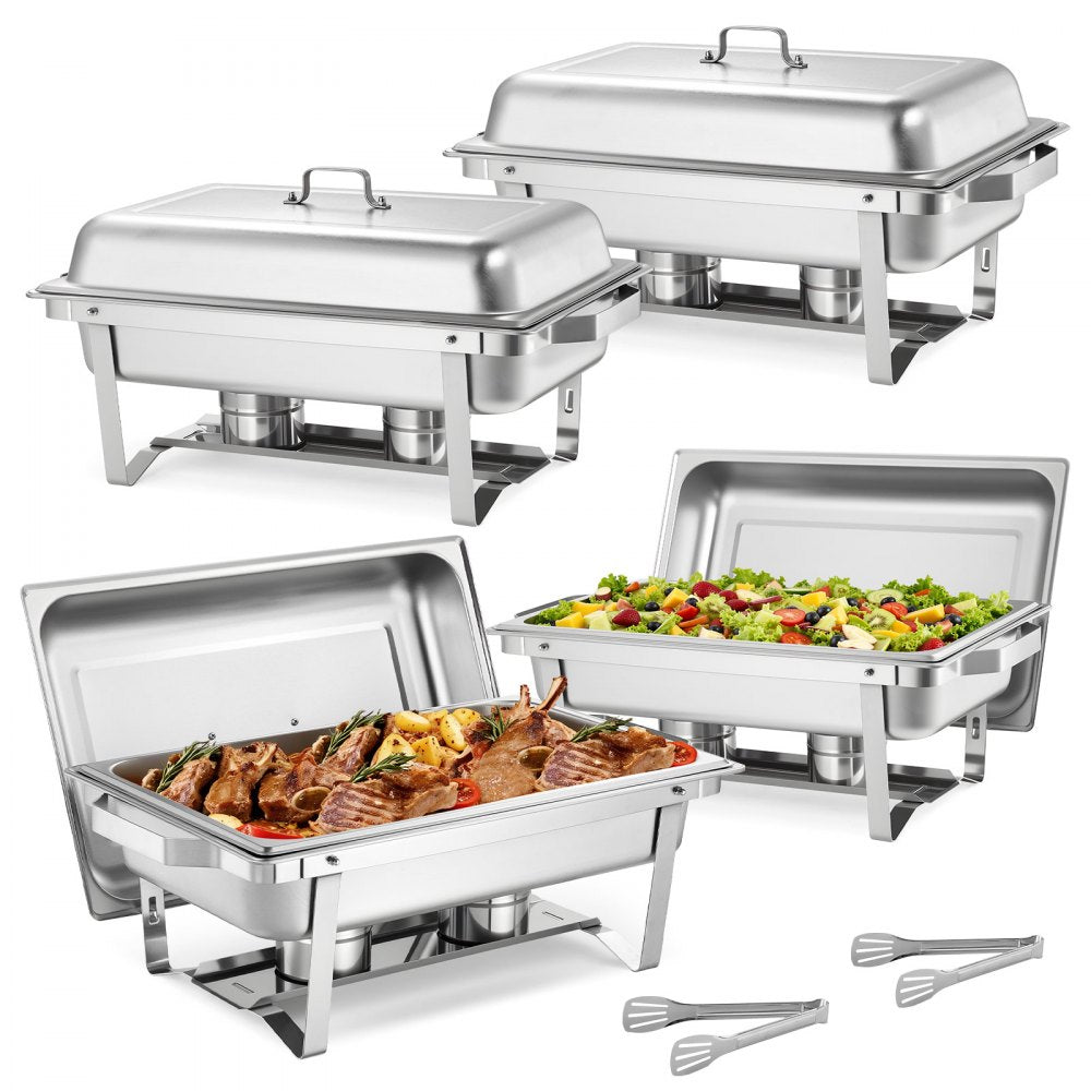 VEVOR Rectangle Chafing Dish, 9 Qt 4 Pack Stainless Steel Chafing Dish, Food Warmer Chafer Complete Set with Hollow Handle, 2 Food Tongs, Lid, Fuel Holder, Chafer Dishes for Banquet Party Wedding