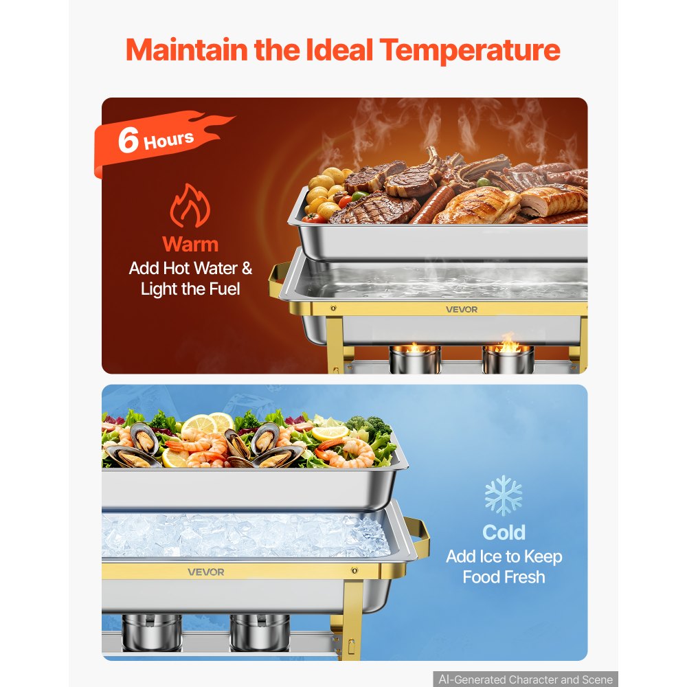 VEVOR 2 Packs Chafing Dishes for Buffet Set, 9QT Stainless Steel Chafer, for Banquet Party Wedding, Rectangle Buffet Server Warmer, 1 Full & 2 Half-Size Pans, Glass Lid, Fuel Holder, Tong, Glass Pad
