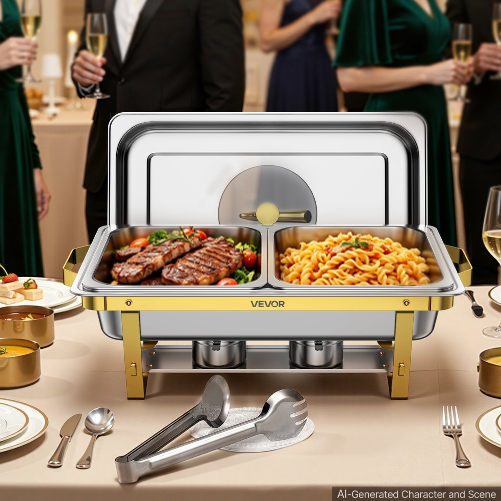 VEVOR 2 Packs Chafing Dishes for Buffet Set, 9QT Stainless Steel Chafer, for Banquet Party Wedding, Rectangle Buffet Server Warmer, 1 Full & 2 Half-Size Pans, Glass Lid, Fuel Holder, Tong, Glass Pad