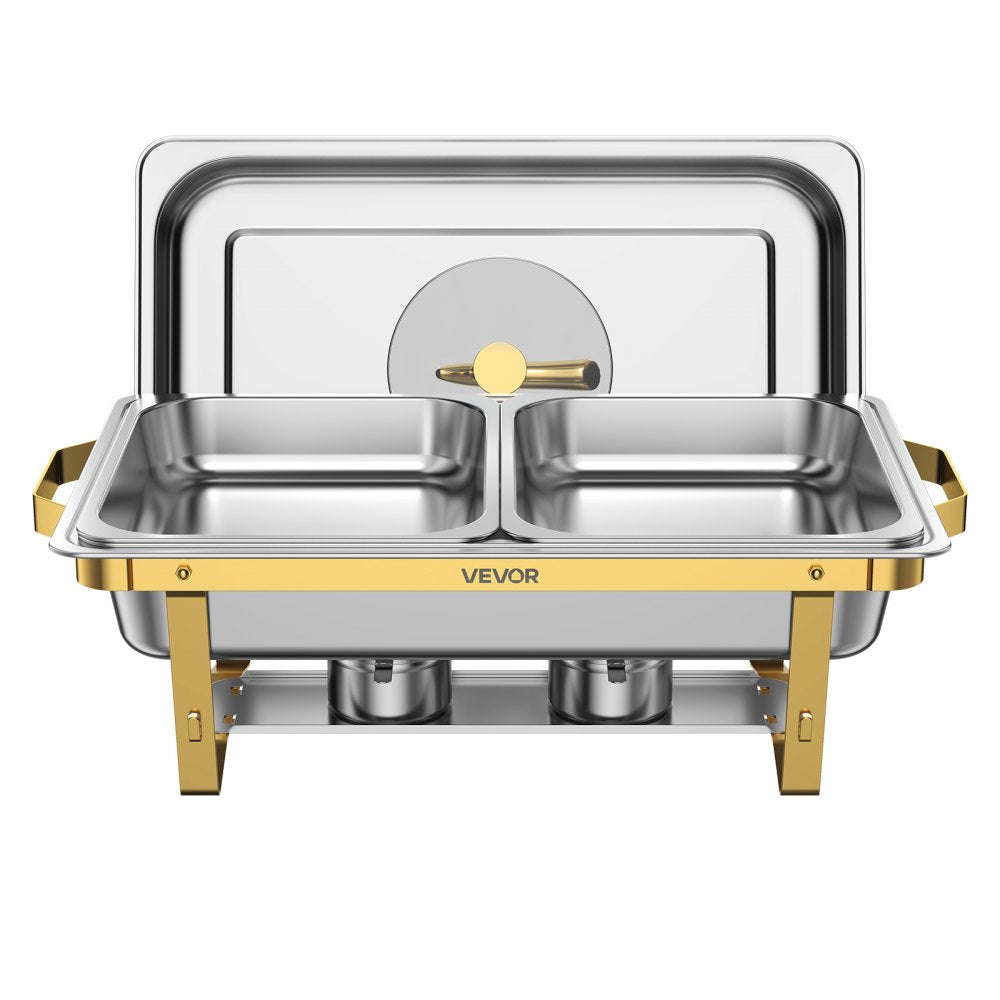 VEVOR 2 Packs Chafing Dishes for Buffet Set, 9QT Stainless Steel Chafer, for Banquet Party Wedding, Rectangle Buffet Server Warmer, 1 Full & 2 Half-Size Pans, Glass Lid, Fuel Holder, Tong, Glass Pad