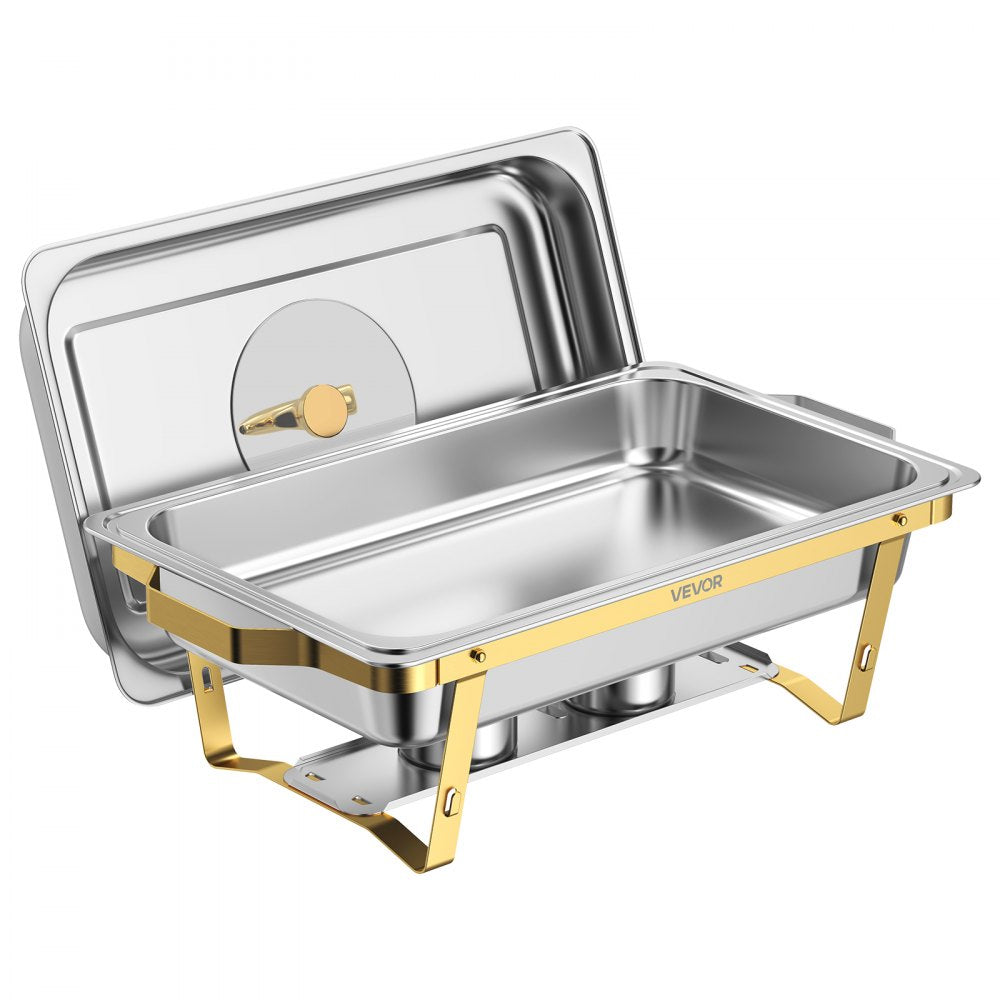 VEVOR 2 Packs Chafing Dishes for Buffet Set, 9QT Stainless Steel Chafer, for Banquet Party Wedding, Rectangle Buffet Server Warmer, 1 Full & 2 Half-Size Pans, Glass Lid, Fuel Holder, Tong, Glass Pad