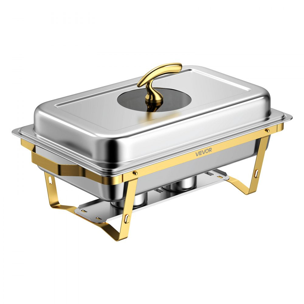 VEVOR 2 Packs Chafing Dishes for Buffet Set, 9QT Stainless Steel Chafer, for Banquet Party Wedding, Rectangle Buffet Server Warmer, 1 Full & 2 Half-Size Pans, Glass Lid, Fuel Holder, Tong, Glass Pad