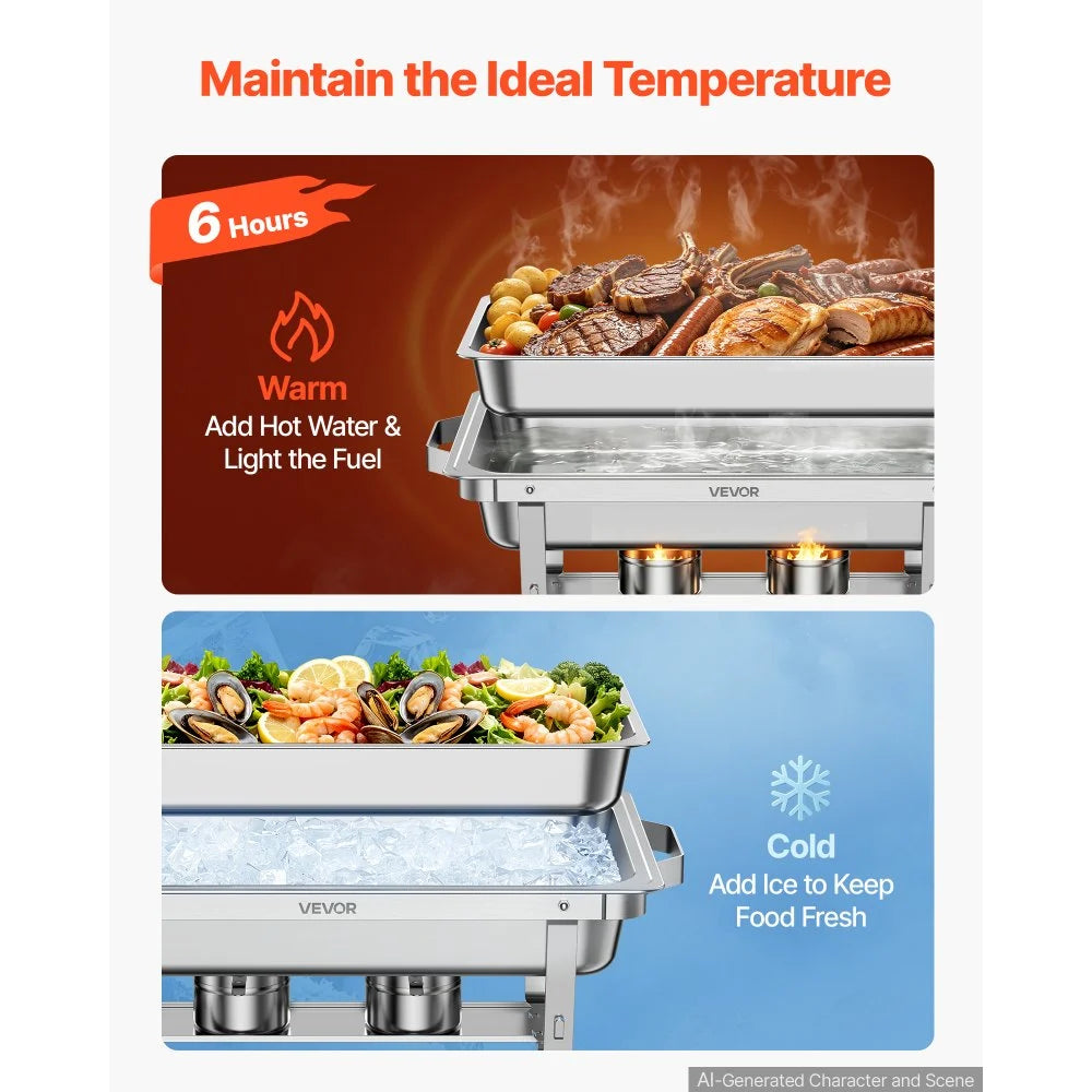 VEVOR 4 Packs Chafing Dishes for Buffet Set, 9QT Stainless Steel Chafer, for Banquet Party Wedding, Rectangle Buffet Server and Warmer, with 4 Full Size Pans, Fuel Holder, and Foldable Stand