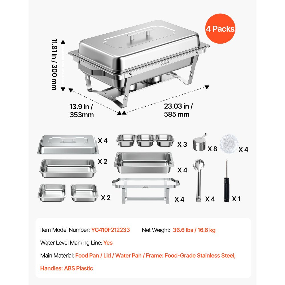 VEVOR 4 Packs Chafing Dishes for Buffet Set, 9QT Stainless Steel Chafer, for Banquet Party Wedding, Rectangle Buffet Server Warmer, 2 Full & 2 Half & 3 Third-Size Pans, Fuel Holder, Tong, Glass Pad