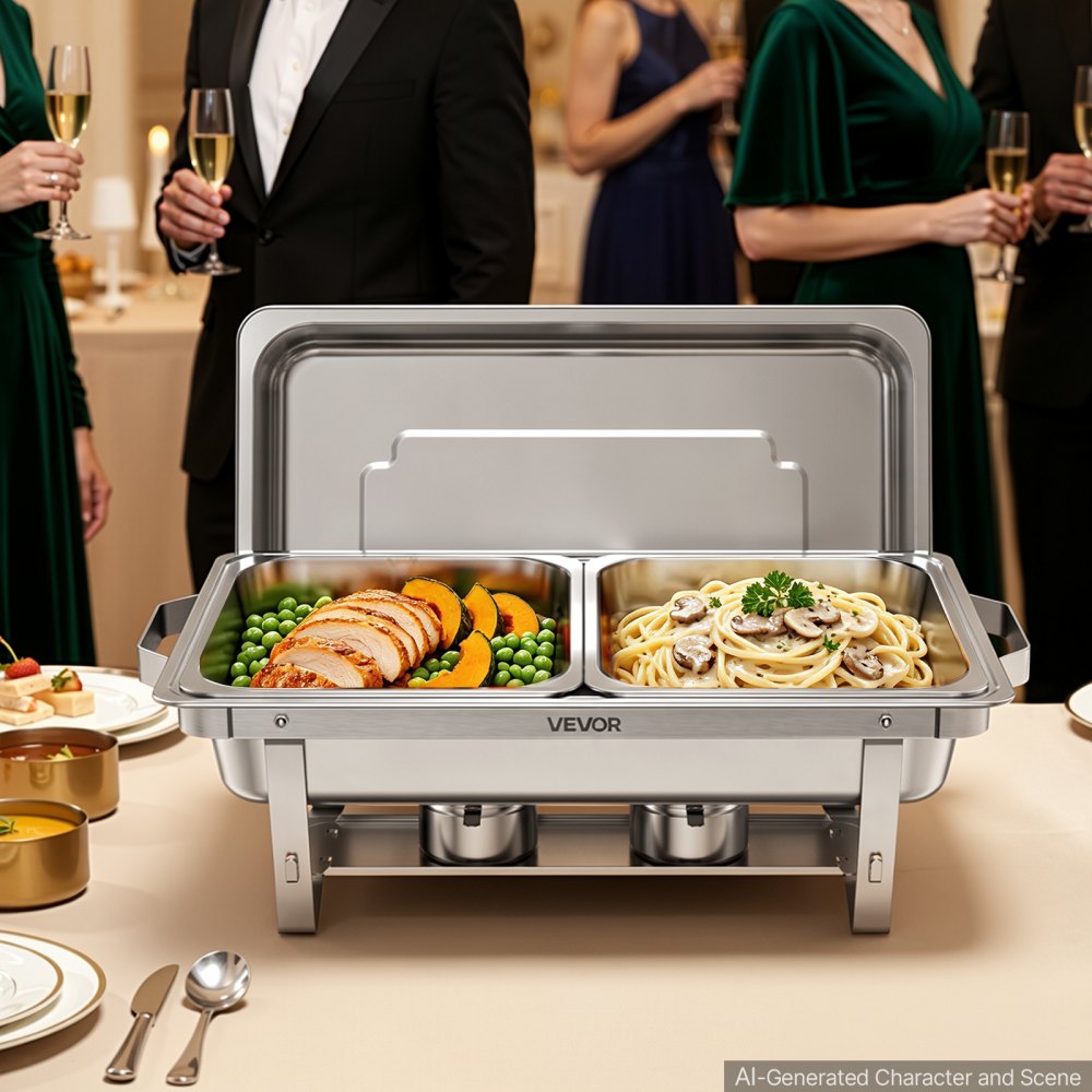 VEVOR 4 Packs Chafing Dishes for Buffet Set, 9QT Stainless Steel Chafer, for Banquet Party Wedding, Rectangle Buffet Server Warmer, 2 Full & 2 Half & 3 Third-Size Pans, Fuel Holder, Tong, Glass Pad