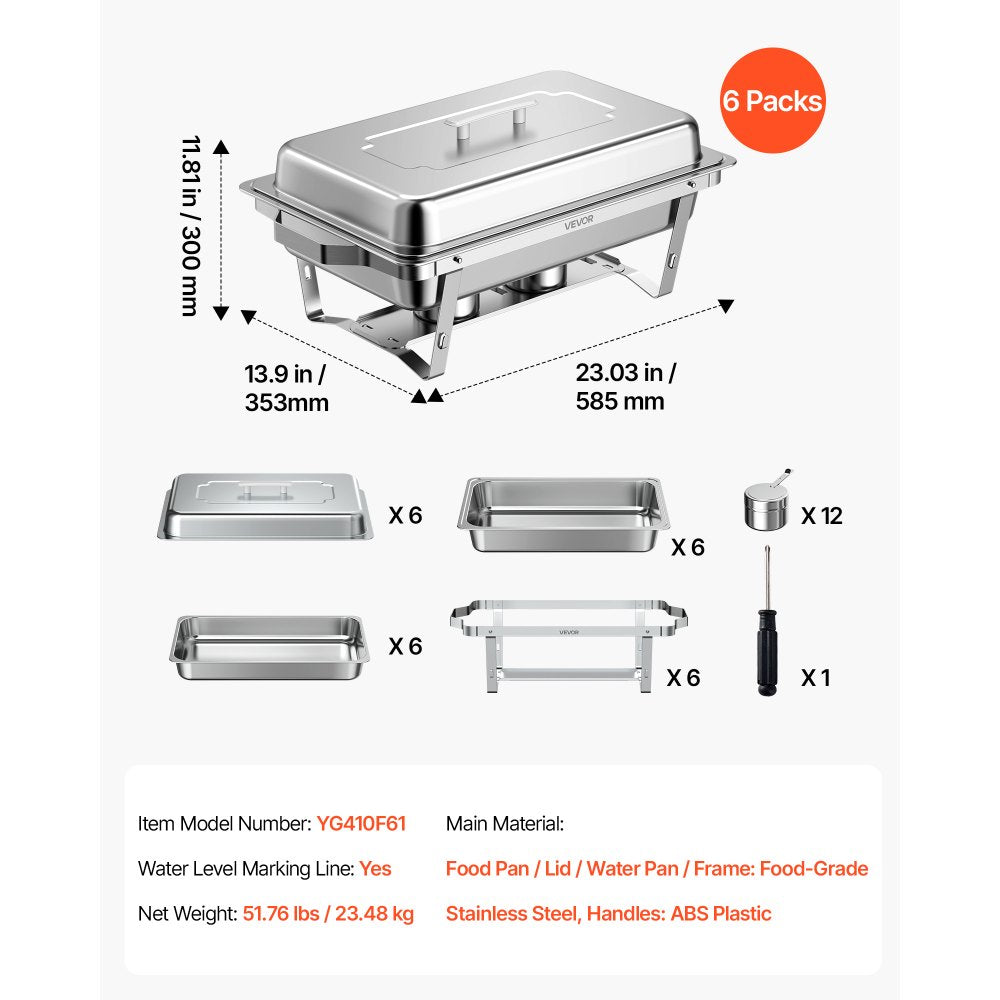 VEVOR 6 Packs Chafing Dishes for Buffet Set, 9QT Stainless Steel Chafer, for Banquet Party Wedding, Rectangle Buffet Server and Warmer, with 6 Full Size Pans, Fuel Holder, and Foldable Stand