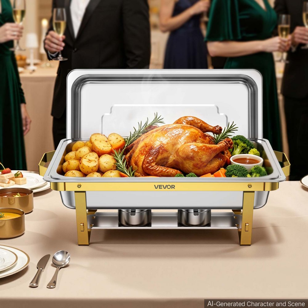 VEVOR 4 Packs Chafing Dishes for Buffet Set, 9QT Stainless Steel Chafer, for Banquet Party Wedding, Rectangle Buffet Server and Warmer, with 4 Full Size Pans, Fuel Holder, and Foldable Stand