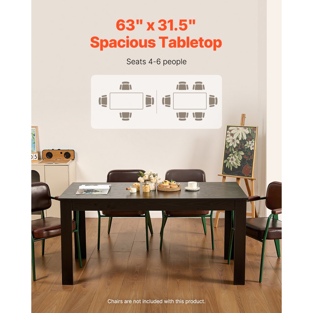 VEVOR Rectangle Dining Table, 63 inch Length Large Wood Tables for 4-6 Person, Modern Dinner Furniture, Conference Desk Supporting for 330LBS, for Home Kitchen Living Room, Black(Only Table)