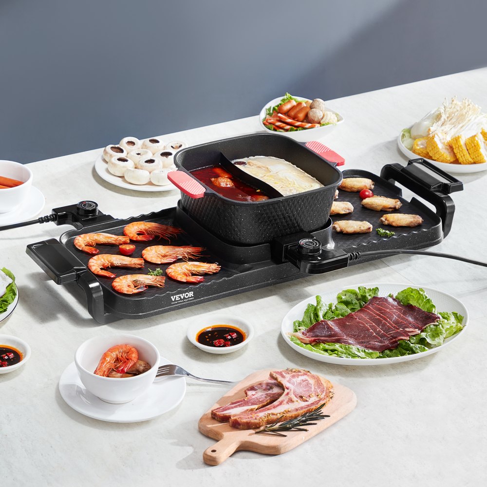 VEVOR Hot Pot with Grill, 2300W 2-in-1 Electric Smokeless Grill and Hot Pot, Removable Shabu-shabu Hotpot with Non-stick Pan, Separate Dual Temperature Control, Indoor Korean BBQ for 1-6 People