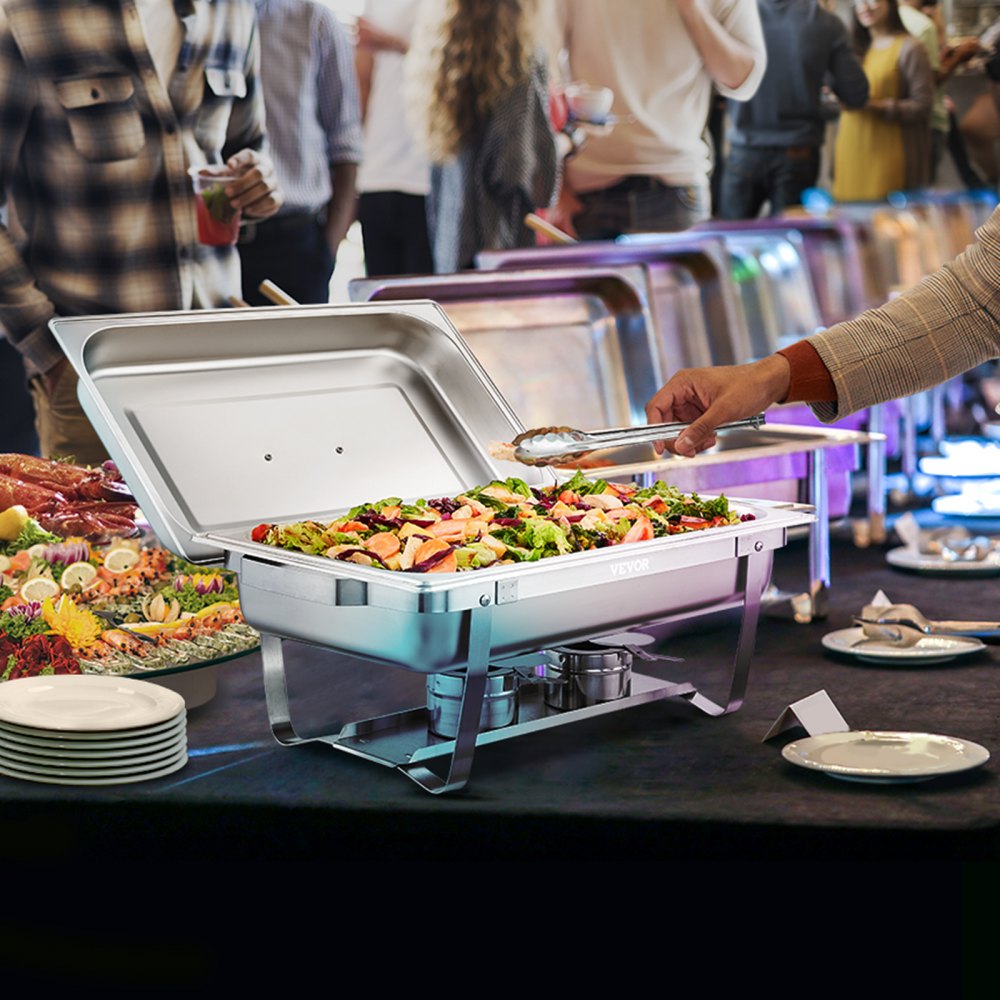 VEVOR Chafing Dish Buffet Set, 8 Qt 2 Pack, Stainless Chafer with 2 Full & 4 Half Size Pans, Rectangle Catering Warmer Server with Lid Water Pan Folding Stand Fuel Tray Holder Clip, at Least 8 People