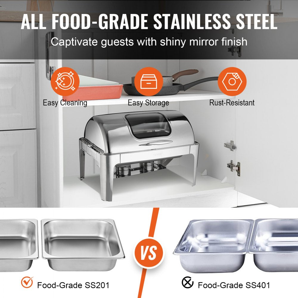 VEVOR Roll Top Chafing Dish Buffet Set, 9 Qt, Stainless Steel Chafer with 2 Half Size Pans, Rectangle Catering Warmer Server with Visible Lid Water Pan Stand Fuel Holder Clip, for at Least 9 People