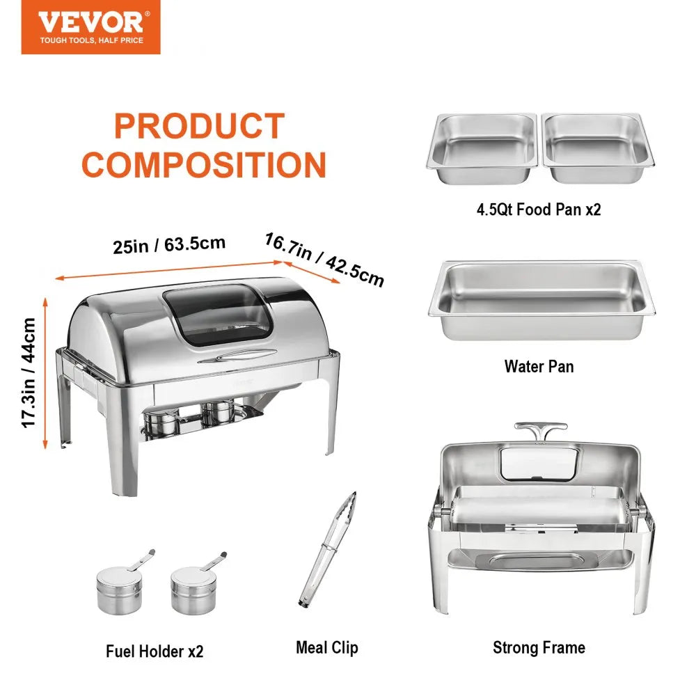 VEVOR Roll Top Chafing Dish Buffet Set, 9 Qt, Stainless Steel Chafer with 2 Half Size Pans, Rectangle Catering Warmer Server with Visible Lid Water Pan Stand Fuel Holder Clip, for at Least 9 People