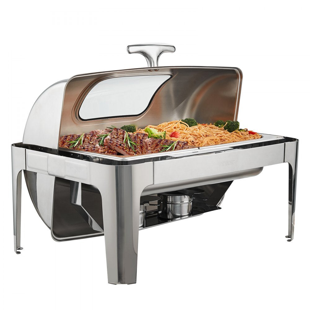 VEVOR Roll Top Chafing Dish Buffet Set, 9 Qt, Stainless Steel Chafer with 2 Half Size Pans, Rectangle Catering Warmer Server with Visible Lid Water Pan Stand Fuel Holder Clip, for at Least 9 People