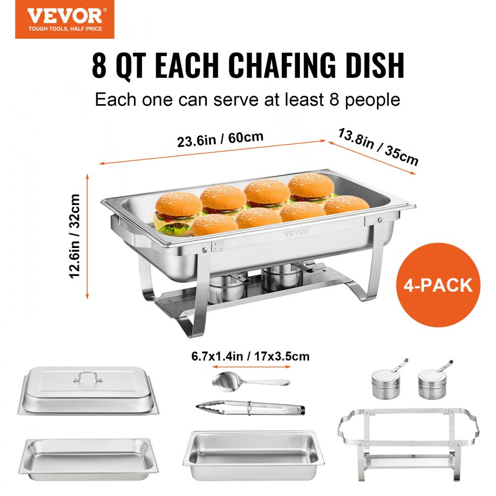 VEVOR Chafing Dish Buffet Set, 8 Qt 4 Pack, Stainless Chafer with 4 Full Size Pans, Rectangle Catering Warmer Server with Lid Water Pan Folding Stand Fuel Tray Holder Spoon Clip, at Least 8 People Eac