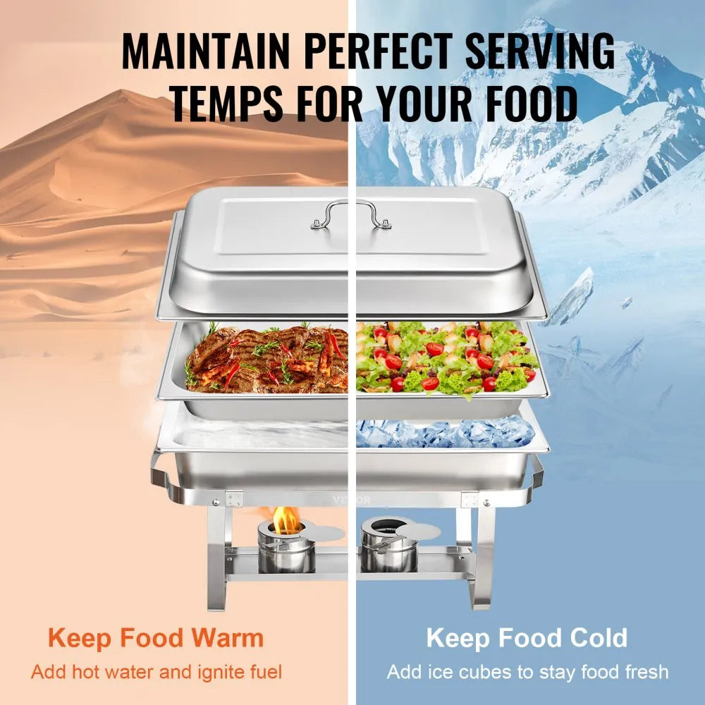 VEVOR Chafing Dish Buffet Set, 8 Qt 4 Pack, Stainless Chafer with 4 Full Size Pans, Rectangle Catering Warmer Server with Lid Water Pan Folding Stand Fuel Tray Holder Spoon Clip, at Least 8 People Eac
