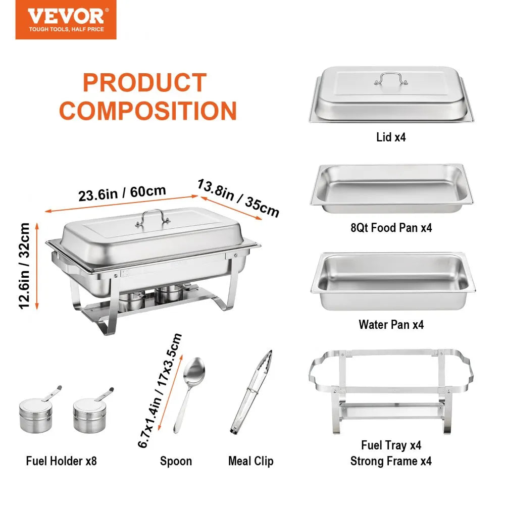 VEVOR Chafing Dish Buffet Set, 8 Qt 4 Pack, Stainless Chafer with 4 Full Size Pans, Rectangle Catering Warmer Server with Lid Water Pan Folding Stand Fuel Tray Holder Spoon Clip, at Least 8 People Eac
