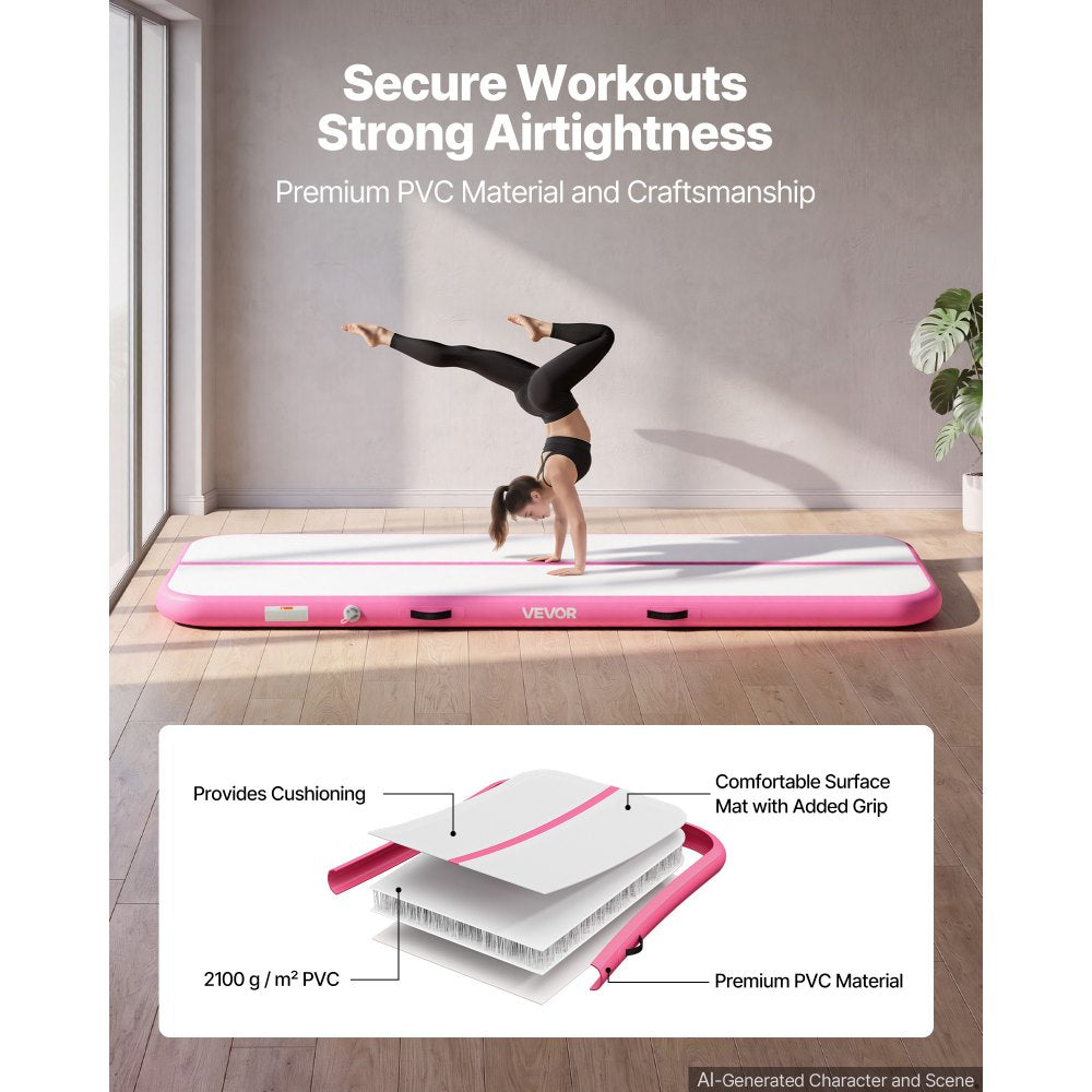 VEVOR Inflatable Gymnastics Air Mat 10 ft Training Mats w/ Electric Pump, 4 inches Thick Sturdy Tumble Track, Tumbling Mat for Home Use/Gym/Outdoor/Yoga/Cheerleading/Beach/Park/Water, Pink