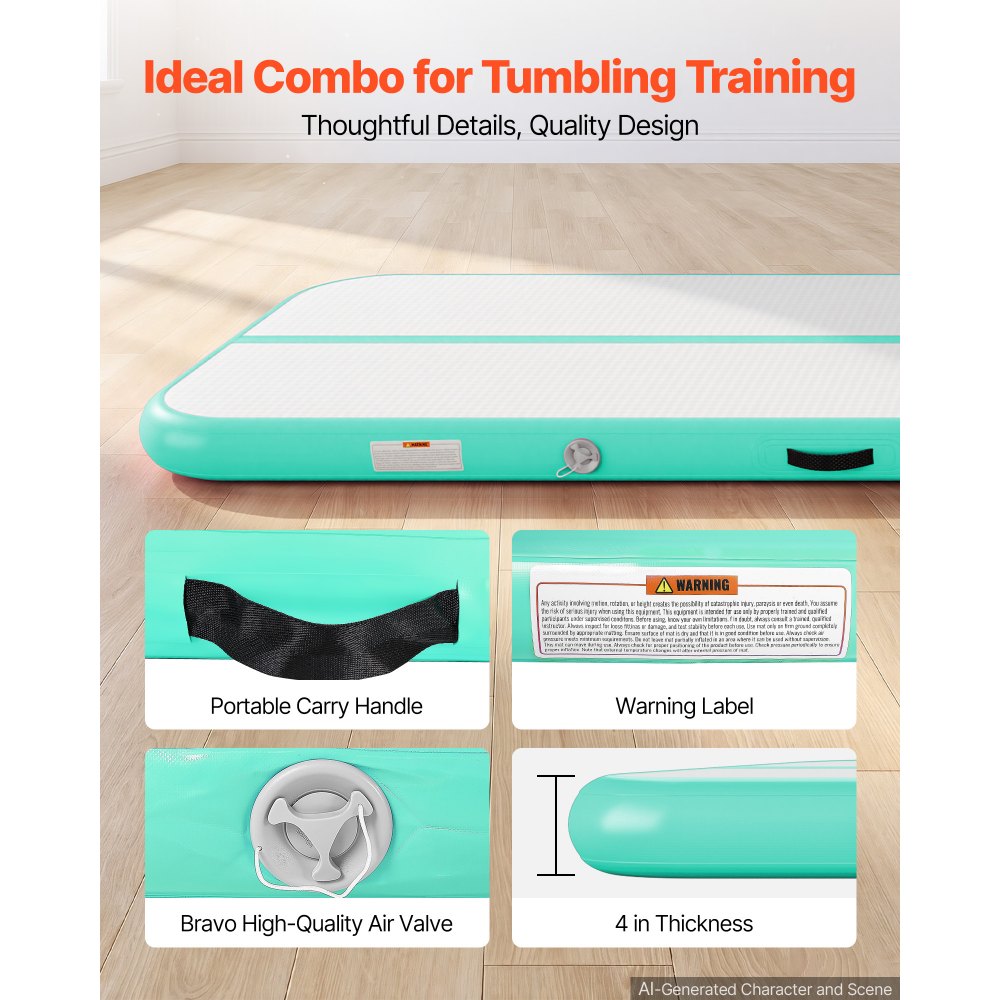 VEVOR Inflatable Gymnastics Air Mat 13 ft Training Mats w/ Electric Pump, 4 inches Thick Sturdy Tumble Track, Tumbling Mat for Home Use/Gym/Outdoor/Yoga/Cheerleading/Beach/Park/Water, Mint Green