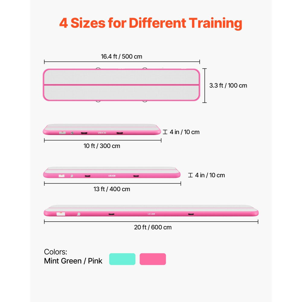VEVOR Inflatable Gymnastics Air Mat 16.4 ft Training Mats w/ Electric Pump, 4 inches Thick Sturdy Tumble Track, Tumbling Mat for Home Use/Gym/Outdoor/Yoga/Cheerleading/Beach/Park/Water, Pink