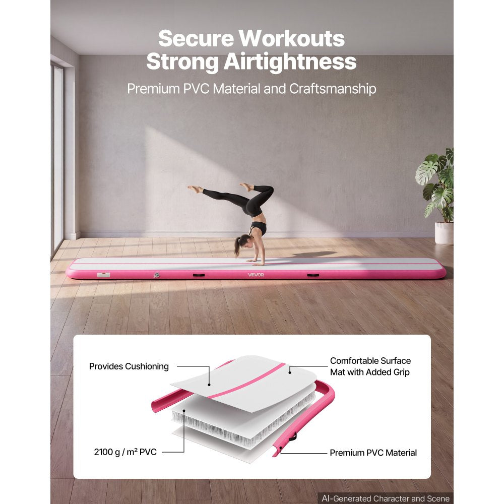 VEVOR Inflatable Gymnastics Air Mat 16.4 ft Training Mats w/ Electric Pump, 4 inches Thick Sturdy Tumble Track, Tumbling Mat for Home Use/Gym/Outdoor/Yoga/Cheerleading/Beach/Park/Water, Pink