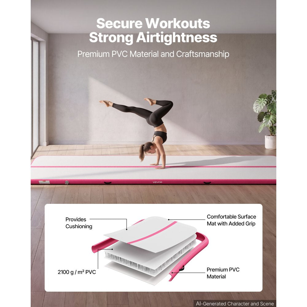 VEVOR Inflatable Gymnastics Air Mat 20 ft Training Mats w/ Electric Pump, 4 inches Thick Sturdy Tumble Track, Tumbling Mat for Home Use/Gym/Outdoor/Yoga/Cheerleading/Beach/Park/Water, Pink
