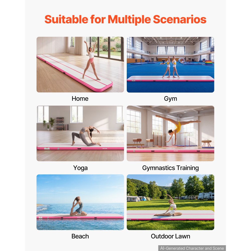 VEVOR Inflatable Gymnastics Air Mat 20 ft Training Mats w/ Electric Pump, 4 inches Thick Sturdy Tumble Track, Tumbling Mat for Home Use/Gym/Outdoor/Yoga/Cheerleading/Beach/Park/Water, Pink