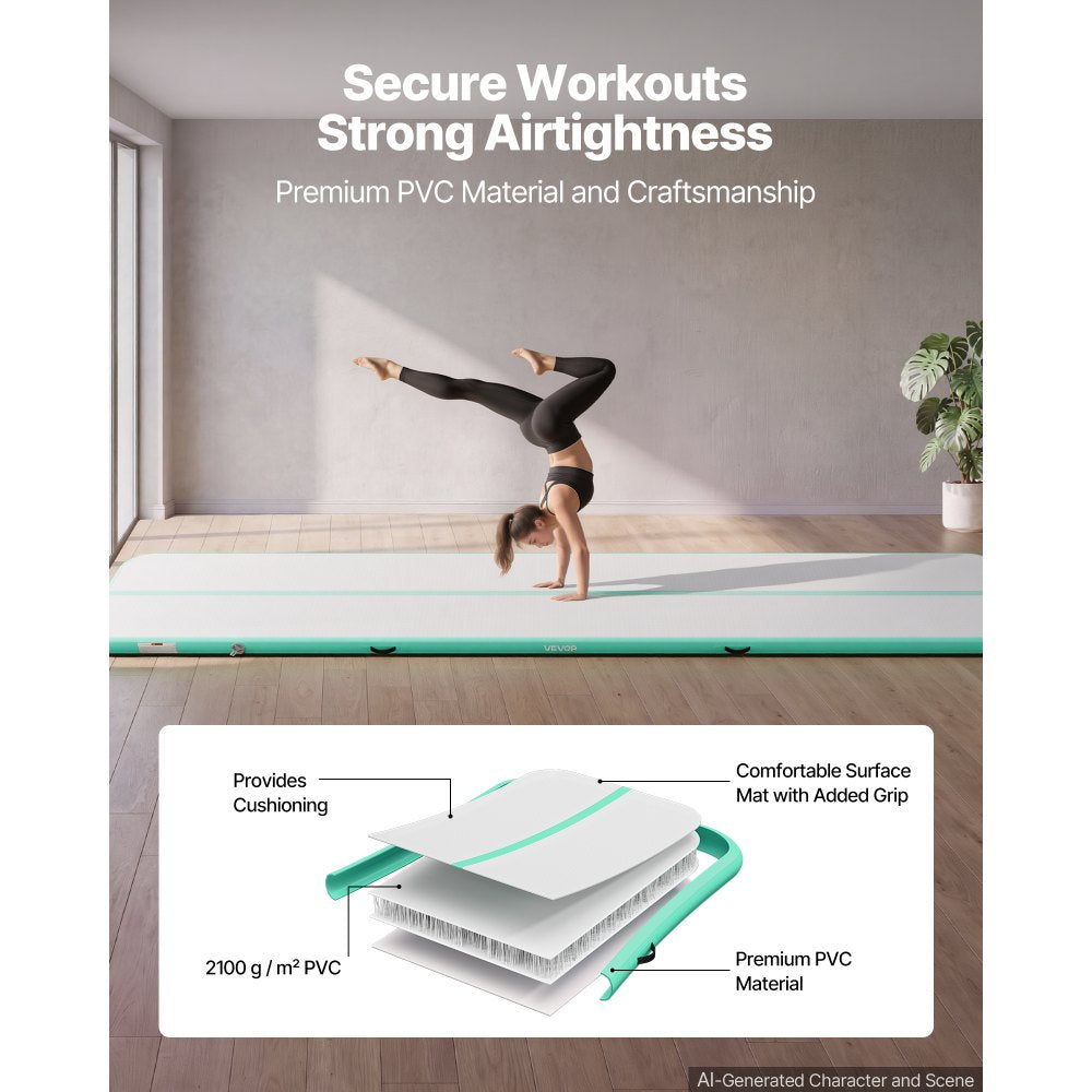 VEVOR Inflatable Gymnastics Air Mat 20 ft Training Mats w/ Electric Pump, 4 inches Thick Sturdy Tumble Track, Tumbling Mat for Home Use/Gym/Outdoor/Yoga/Cheerleading/Beach/Park/Water, Mint Green