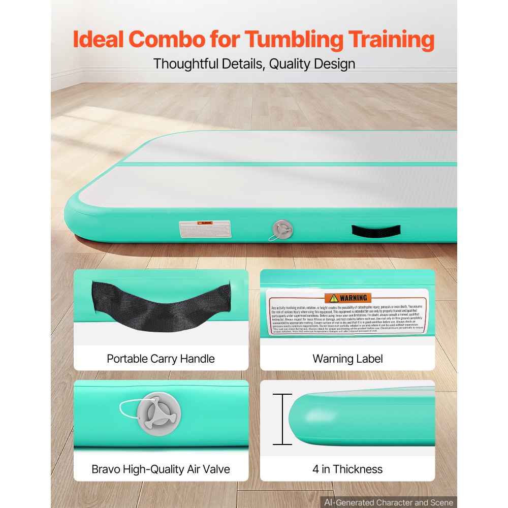 VEVOR Inflatable Gymnastics Air Mat 20 ft Training Mats w/ Electric Pump, 4 inches Thick Sturdy Tumble Track, Tumbling Mat for Home Use/Gym/Outdoor/Yoga/Cheerleading/Beach/Park/Water, Mint Green