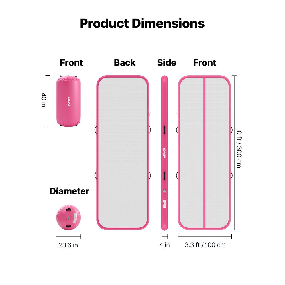 VEVOR Inflatable Gymnastics Air Mat with Air Barrel 10 ft Training Mats, 4 inches Thick Sturdy Tumble Track with Electric Pump, Tumbling Mat for Home Use/Gym/Outdoor/Yoga/Cheerleading, Pink