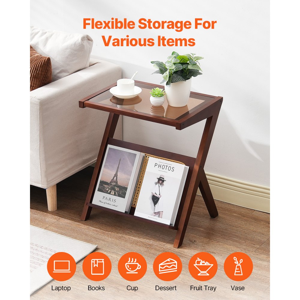 VEVOR Rattan Coffee Table, Z-Shaped Rattan Woven Bamboo Coffee Table with Tempered Glass Top, 20” Modern Boho Storage Coffee Table with Natural Bamboo Legs, for Living Room, Bedroom & Small Spaces