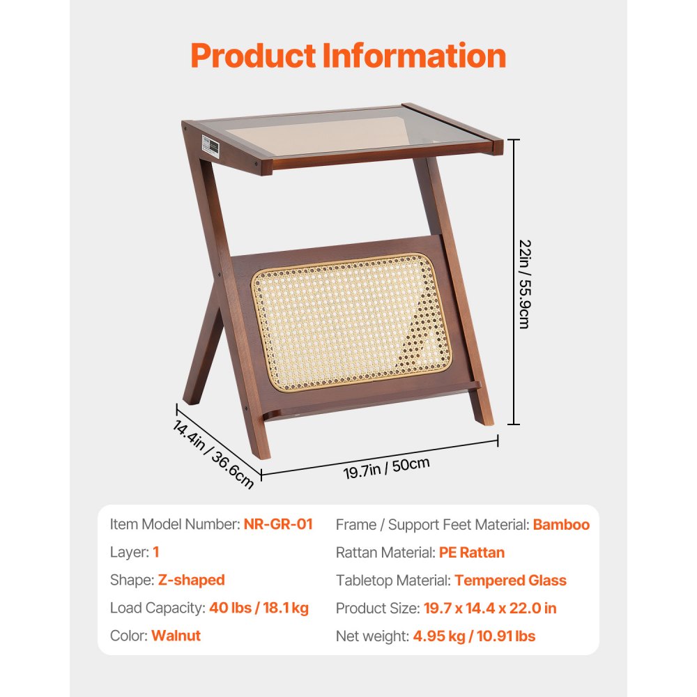 VEVOR Rattan Coffee Table, Z-Shaped Rattan Woven Bamboo Coffee Table with Tempered Glass Top, 20” Modern Boho Storage Coffee Table with Natural Bamboo Legs, for Living Room, Bedroom & Small Spaces