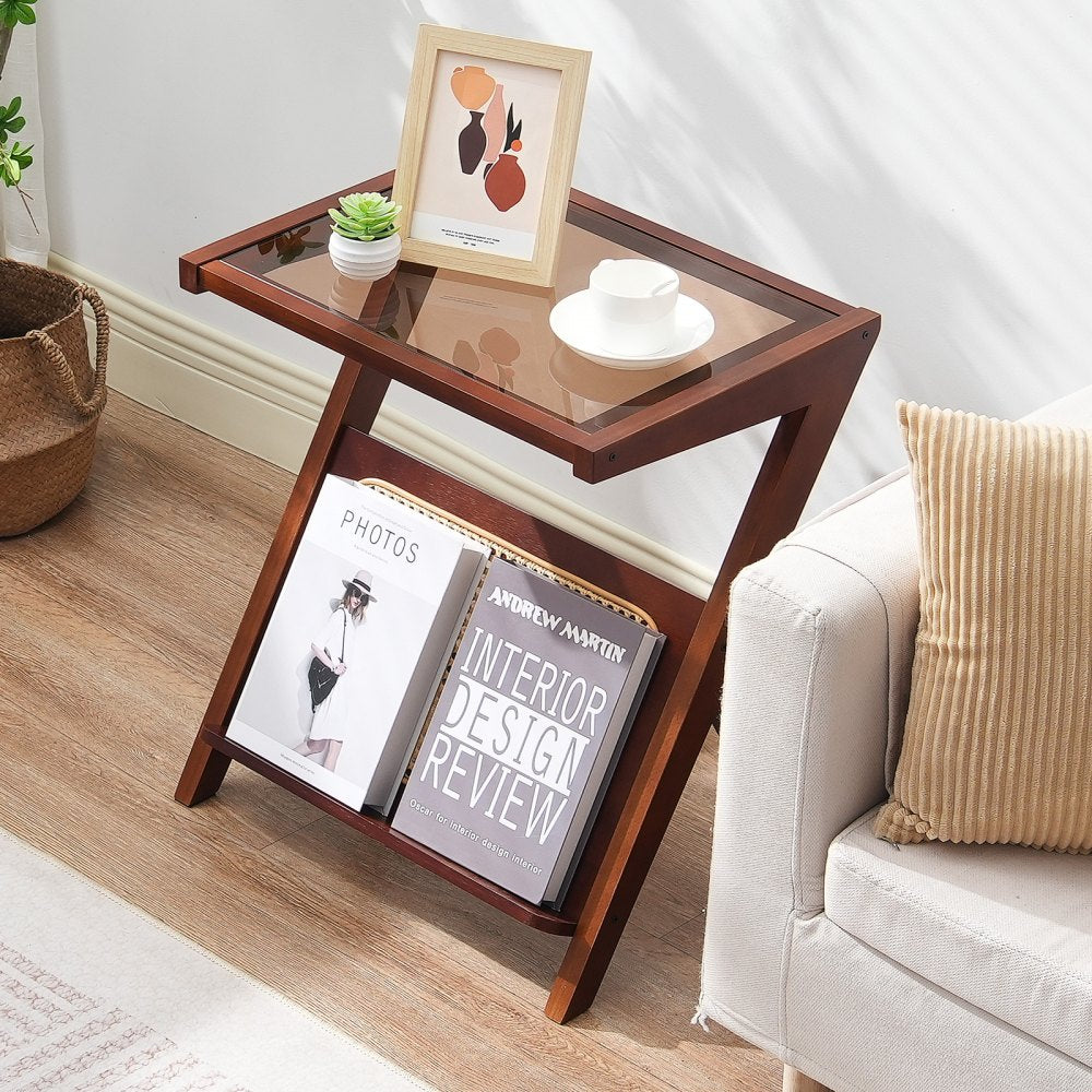 VEVOR Rattan Coffee Table, Z-Shaped Rattan Woven Bamboo Coffee Table with Tempered Glass Top, 20” Modern Boho Storage Coffee Table with Natural Bamboo Legs, for Living Room, Bedroom & Small Spaces