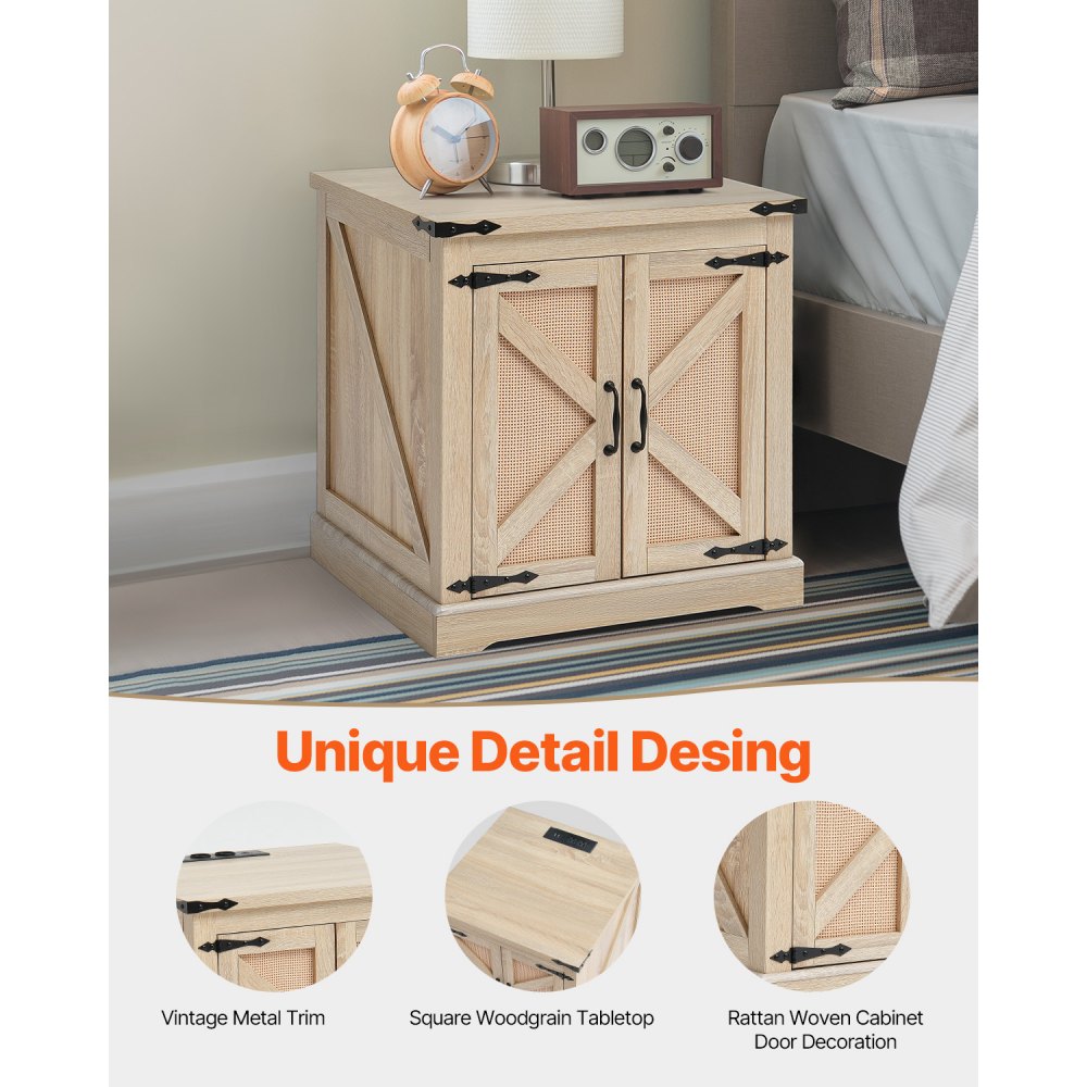 VEVOR Farmhouse End Table, Rectangle PE Rattan Woven Wood Coffee Table, 24-Inch Modern Boho Style Storage Coffee Table with Retro Metal Hinges, for Living Room, Bedroom & Small Spaces