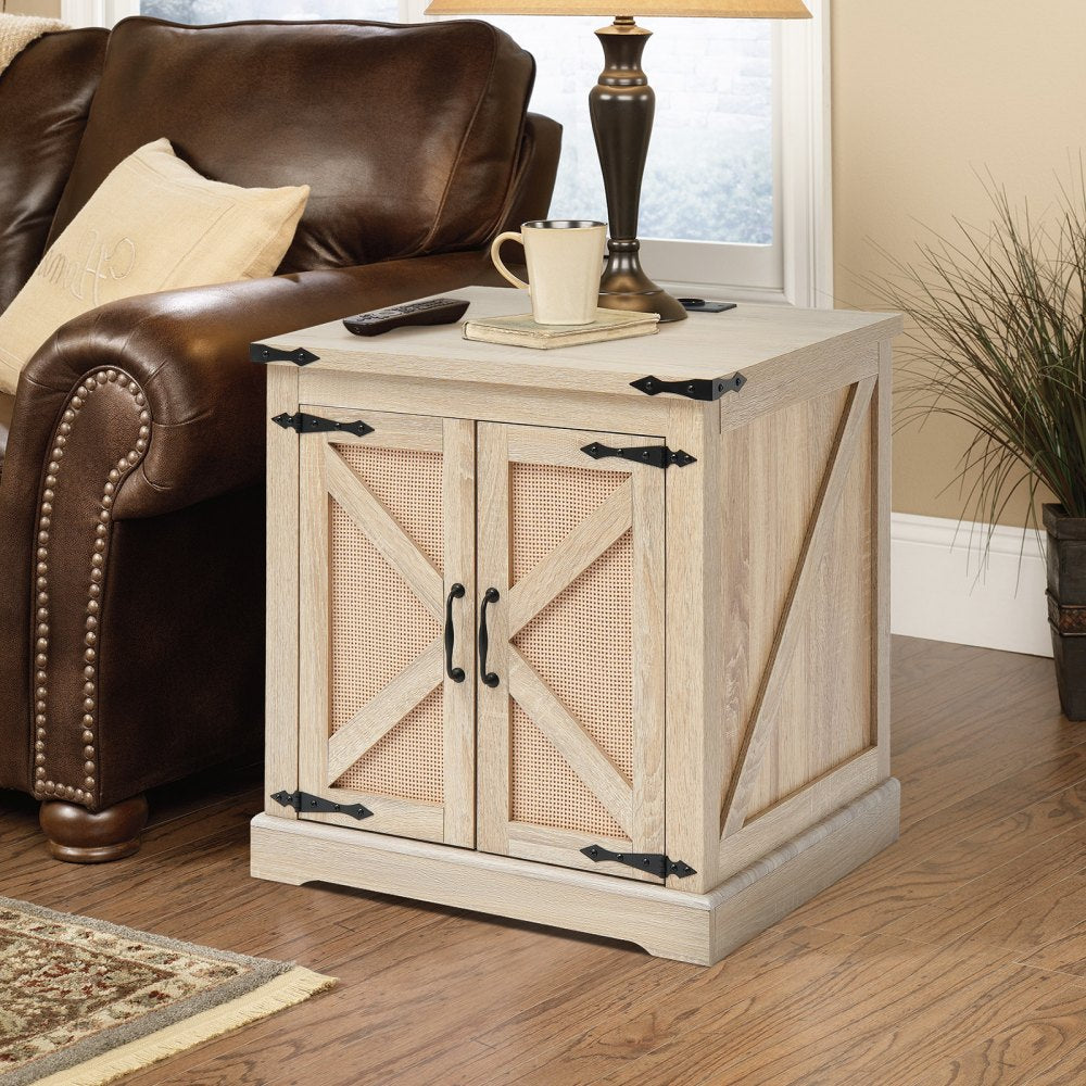 VEVOR Farmhouse End Table, Rectangle PE Rattan Woven Wood Coffee Table, 24-Inch Modern Boho Style Storage Coffee Table with Retro Metal Hinges, for Living Room, Bedroom & Small Spaces
