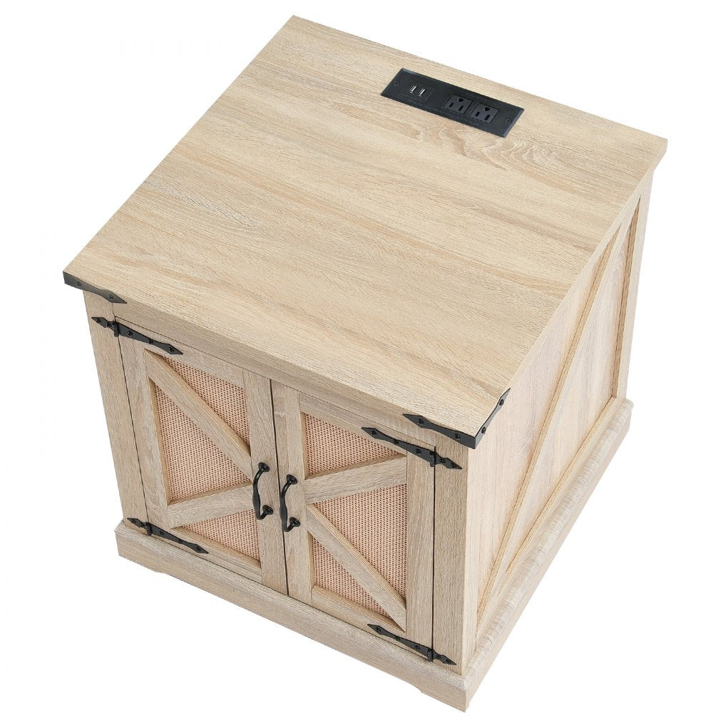 VEVOR Farmhouse End Table, Rectangle PE Rattan Woven Wood Coffee Table, 24-Inch Modern Boho Style Storage Coffee Table with Retro Metal Hinges, for Living Room, Bedroom & Small Spaces