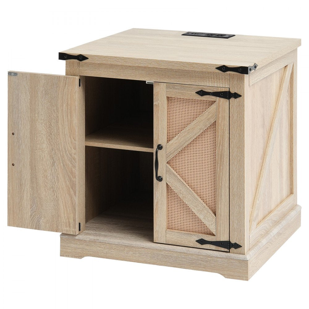 VEVOR Farmhouse End Table, Rectangle PE Rattan Woven Wood Coffee Table, 24-Inch Modern Boho Style Storage Coffee Table with Retro Metal Hinges, for Living Room, Bedroom & Small Spaces