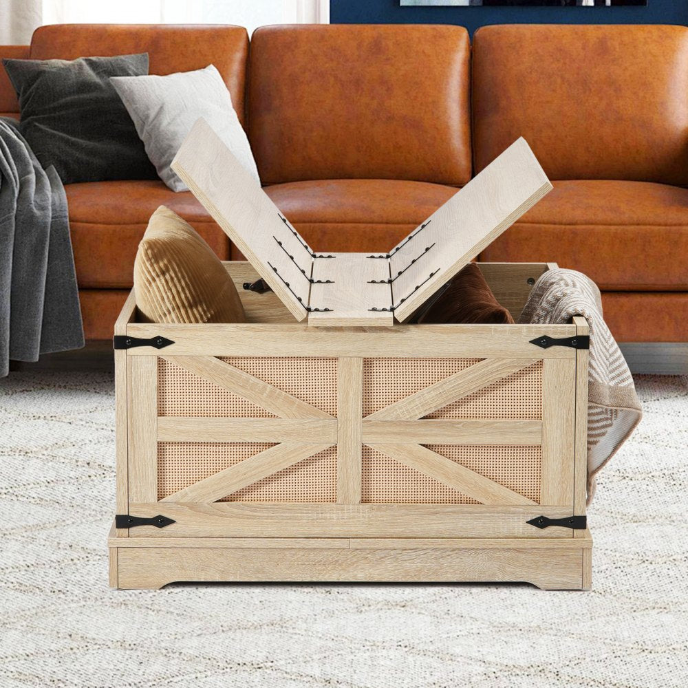 VEVOR Rattan Coffee Table, Rectangle PE Rattan Woven Wood Coffee Table with MDF Top, 32-Inch Modern Boho Style Storage Coffee Table with Retro Metal Hinges, for Living Room, Bedroom & Small Spaces