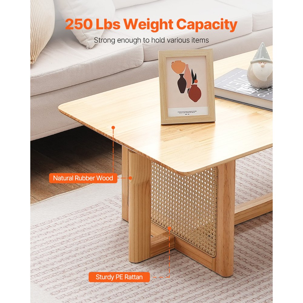 VEVOR Rattan Coffee Table, Rectangle Rattan Woven Wood Coffee Table with Rubber Wood Top, 47-Inch Modern Boho Storage Coffee Table with Natural Wood Legs, for Living Room, Bedroom & Small Spaces