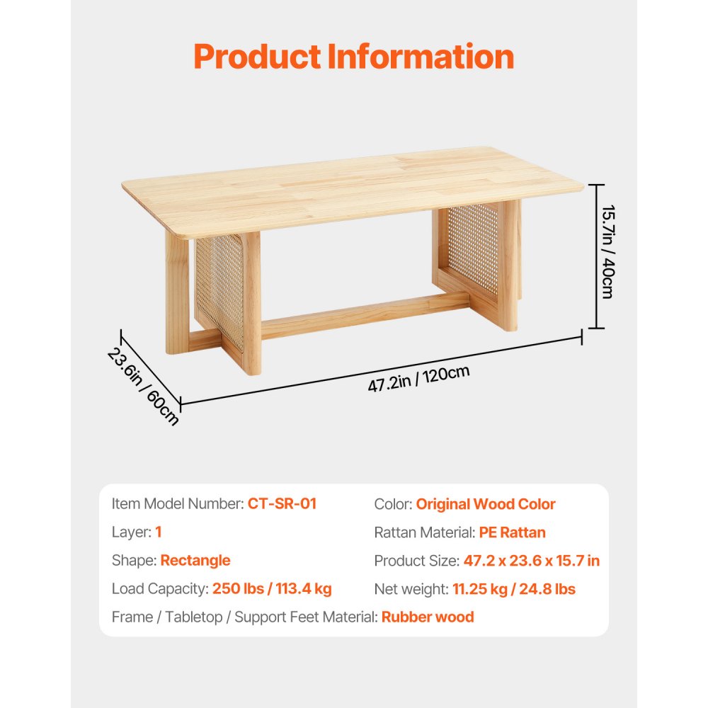 VEVOR Rattan Coffee Table, Rectangle Rattan Woven Wood Coffee Table with Rubber Wood Top, 47-Inch Modern Boho Storage Coffee Table with Natural Wood Legs, for Living Room, Bedroom & Small Spaces